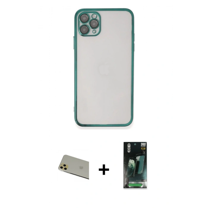 MARSİLYAN™- iPhone 11 Pro Max Kılıf Vadi Minimal - Şeffaf 360 Full Body Arka Koruyucu + Rainbow Kamera Lens Koruma Cam - GD