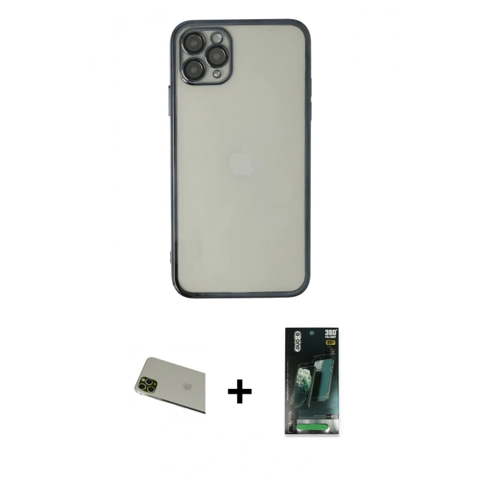 MARSİLYAN™- iPhone 11 Pro Max Kılıf Vadi Minimal - Şeffaf 360 Full Body Arka Koruyucu + Rainbow Kamera Lens Koruma Cam - YL