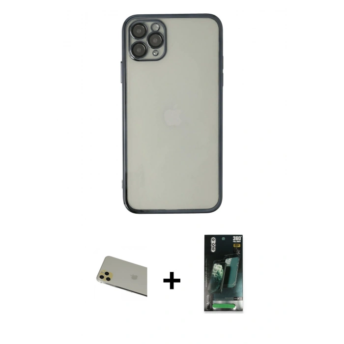 MARSİLYAN™- iPhone 11 Pro Max Kılıf Vadi Minimal - Şeffaf 360 Full Body Arka Koruyucu + Rainbow Kamera Lens Koruma Cam - GD