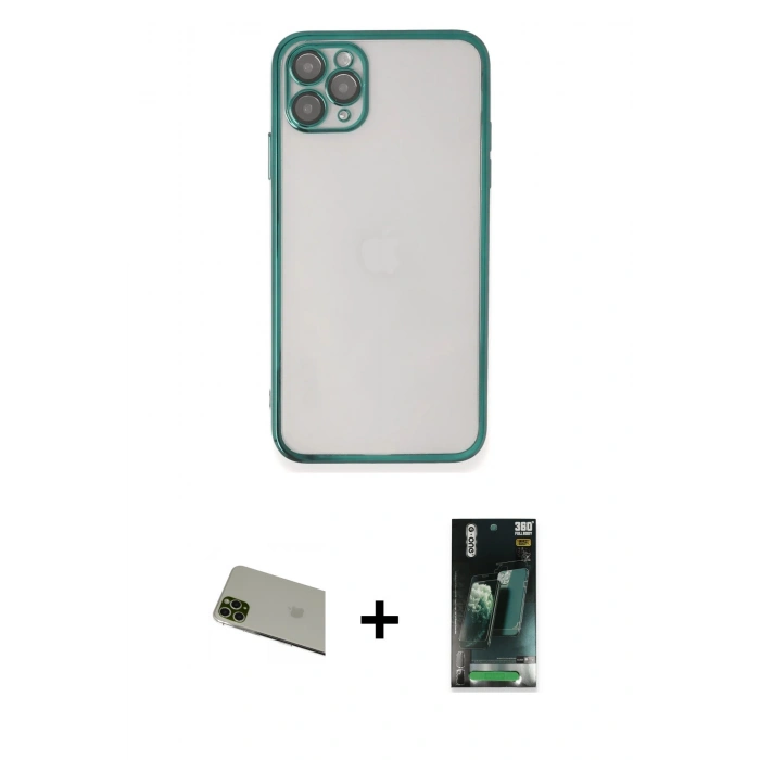 MARSİLYAN™- iPhone 11 Pro Max Kılıf Vadi Minimal - Şeffaf 360 Full Body Arka Koruyucu + Rainbow Kamera Lens Koruma Cam - YL