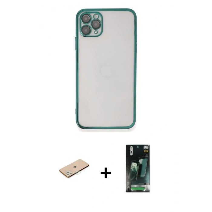 MARSİLYAN™- iPhone 11 Pro Max Kılıf Vadi Minimal - Şeffaf 360 Full Body Arka Koruyucu + Renkli Kamera Lens Koruma Cam - YL