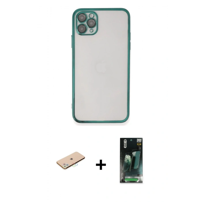 MARSİLYAN™- iPhone 11 Pro Max Kılıf Vadi Minimal - Şeffaf 360 Full Body Arka Koruyucu + Renkli Kamera Lens Koruma Cam - MI