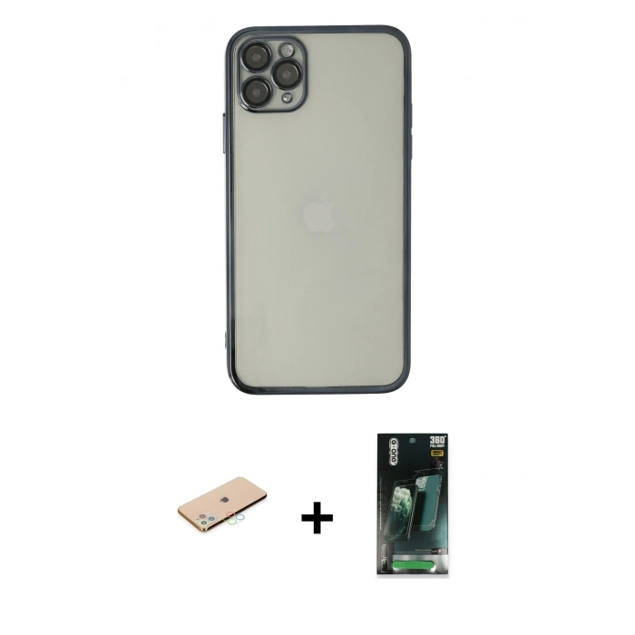 MARSİLYAN™- iPhone 11 Pro Max Kılıf Vadi Minimal - Şeffaf 360 Full Body Arka Koruyucu + Renkli Kamera Lens Koruma Cam - MI