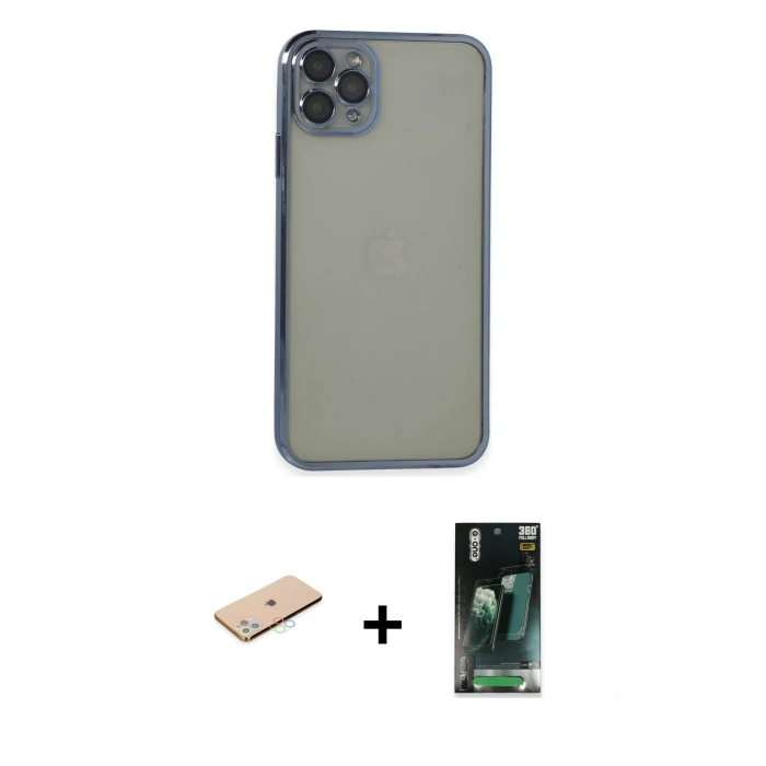 MARSİLYAN™- iPhone 11 Pro Max Kılıf Vadi Minimal - Şeffaf 360 Full Body Arka Koruyucu + Renkli Kamera Lens Koruma Cam - MI