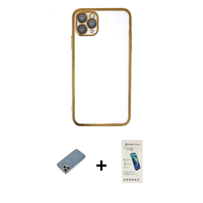 MARSİLYAN™- iPhone 11 Pro Max Kılıf Vadi Minimal - Şeffaf Pasifik Cam Ekran Koruyucu + Metal Kamera Lens Koruma Cam - AKYL