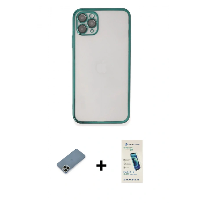 MARSİLYAN™- iPhone 11 Pro Max Kılıf Vadi Minimal - Şeffaf Pasifik Cam Ekran Koruyucu + Metal Kamera Lens Koruma Cam - AKYL