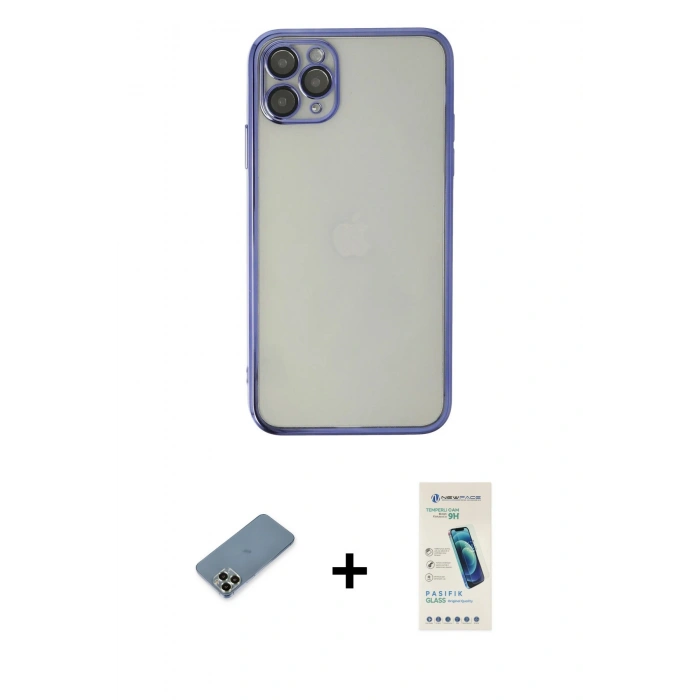 MARSİLYAN™- iPhone 11 Pro Max Kılıf Vadi Minimal - Şeffaf Pasifik Cam Ekran Koruyucu + Metal Kamera Lens Koruma Cam - AKYL