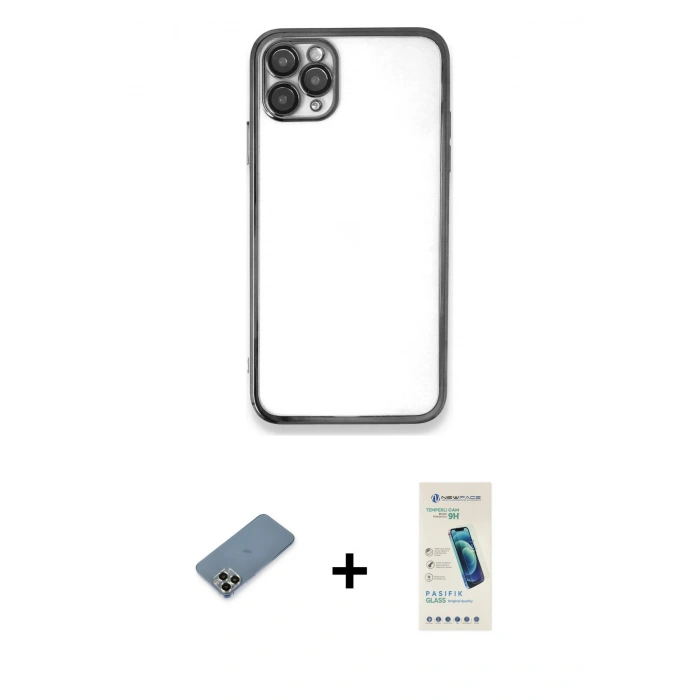 MARSİLYAN™- iPhone 11 Pro Max Kılıf Vadi Minimal - Şeffaf Pasifik Cam Ekran Koruyucu + Metal Kamera Lens Koruma Cam - AKYL
