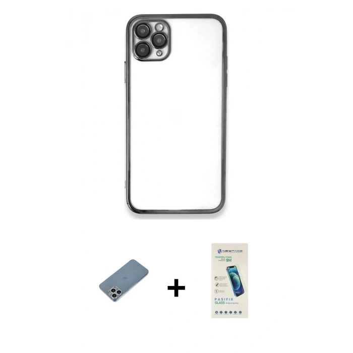 MARSİLYAN™- iPhone 11 Pro Max Kılıf Vadi Minimal - Şeffaf Pasifik Cam Ekran Koruyucu + Shine Kamera Lens Koruma Cam - GS