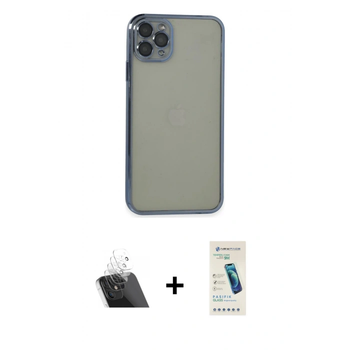 MARSİLYAN™- iPhone 11 Pro Max Kılıf Vadi Minimal - Şeffaf Pasifik Cam Ekran Koruyucu + Kamera Lens Koruma Cam - SF
