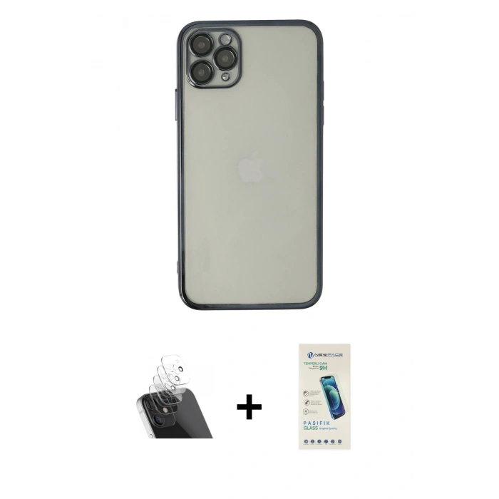 MARSİLYAN™- iPhone 11 Pro Max Kılıf Vadi Minimal - Şeffaf Pasifik Cam Ekran Koruyucu + Kamera Lens Koruma Cam - SF