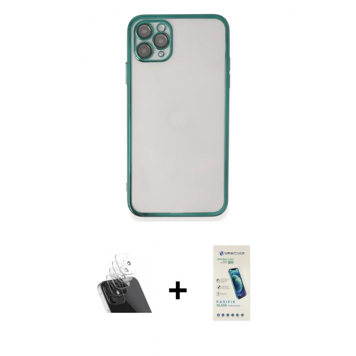 MARSİLYAN™- iPhone 11 Pro Max Kılıf Vadi Minimal - Şeffaf Pasifik Cam Ekran Koruyucu + Kamera Lens Koruma Cam - SF