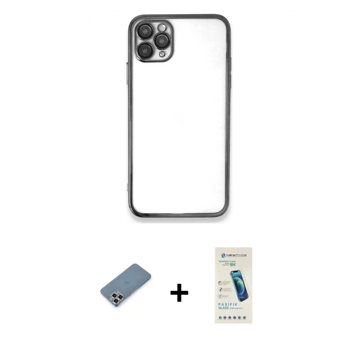 MARSİLYAN™- iPhone 11 Pro Max Kılıf Vadi Minimal - Şeffaf Pasifik Cam Ekran Koruyucu + Metal Kamera Lens Koruma Cam - GS