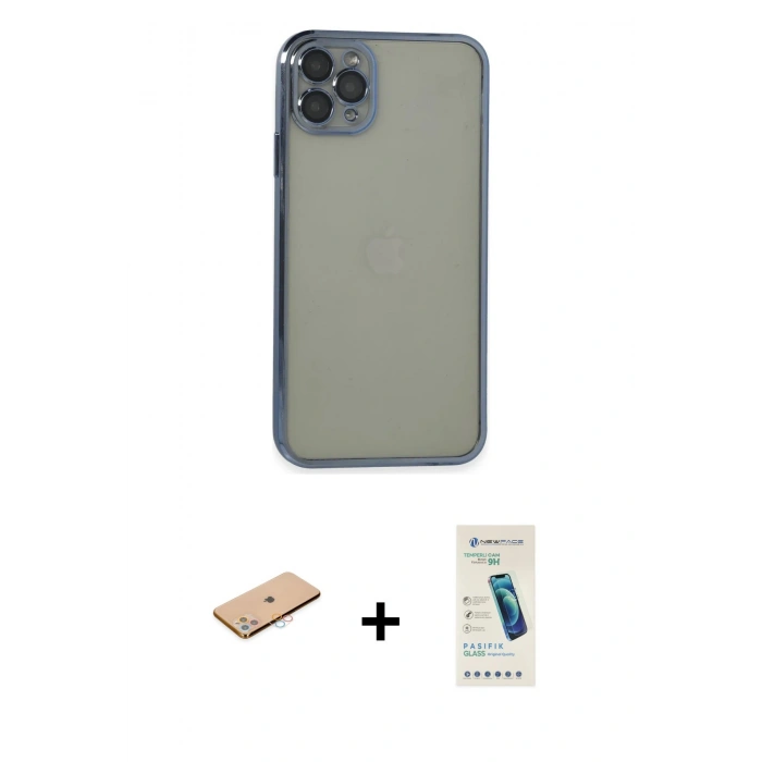 MARSİLYAN™- iPhone 11 Pro Max Kılıf Vadi Minimal - Şeffaf Pasifik Cam Ekran Koruyucu + Renkli Kamera Lens Koruma Cam - PE