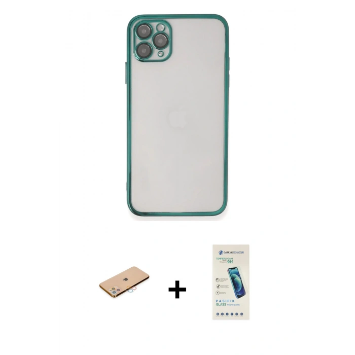 MARSİLYAN™- iPhone 11 Pro Max Kılıf Vadi Minimal - Şeffaf Pasifik Cam Ekran Koruyucu + Renkli Kamera Lens Koruma Cam - PE