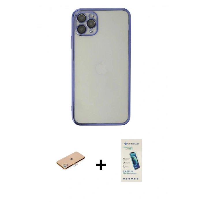 MARSİLYAN™- iPhone 11 Pro Max Kılıf Vadi Minimal - Şeffaf Pasifik Cam Ekran Koruyucu + Renkli Kamera Lens Koruma Cam - PE