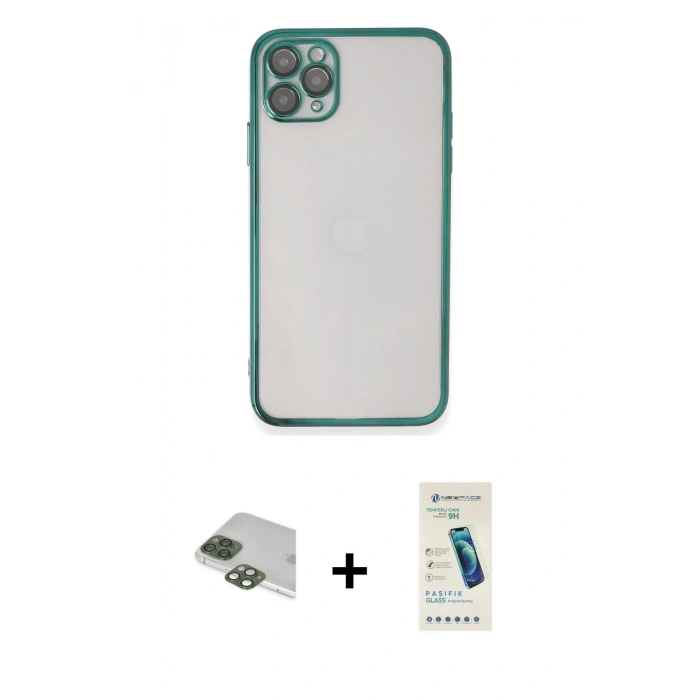 MARSİLYAN™- iPhone 11 Pro Max Kılıf Vadi Minimal - Şeffaf Pasifik Cam Ekran Koruyucu + Pers Alüminyum Kamera Lens - YL