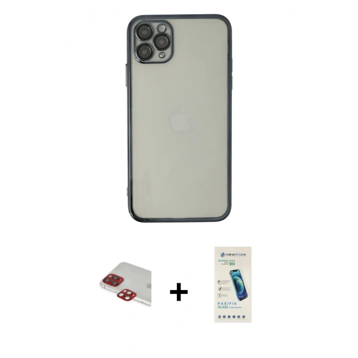 MARSİLYAN™- iPhone 11 Pro Max Kılıf Vadi Minimal - Şeffaf Pasifik Cam Ekran Koruyucu + Pers Alüminyum Kamera Lens - KI