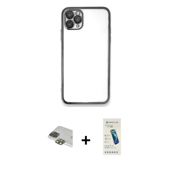 MARSİLYAN™- iPhone 11 Pro Max Kılıf Vadi Minimal - Şeffaf Pasifik Cam Ekran Koruyucu + Pers Alüminyum Kamera Lens - YL