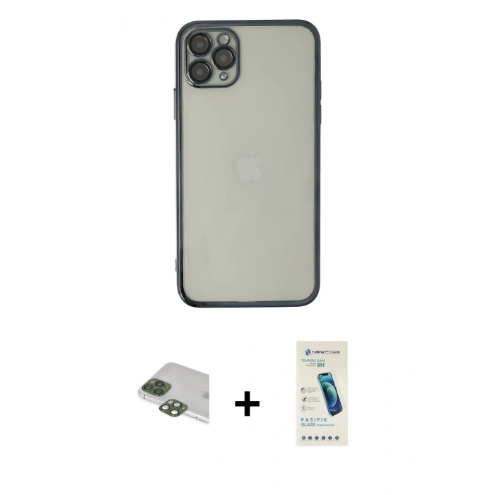 MARSİLYAN™- iPhone 11 Pro Max Kılıf Vadi Minimal - Şeffaf Pasifik Cam Ekran Koruyucu + Pers Alüminyum Kamera Lens - YL