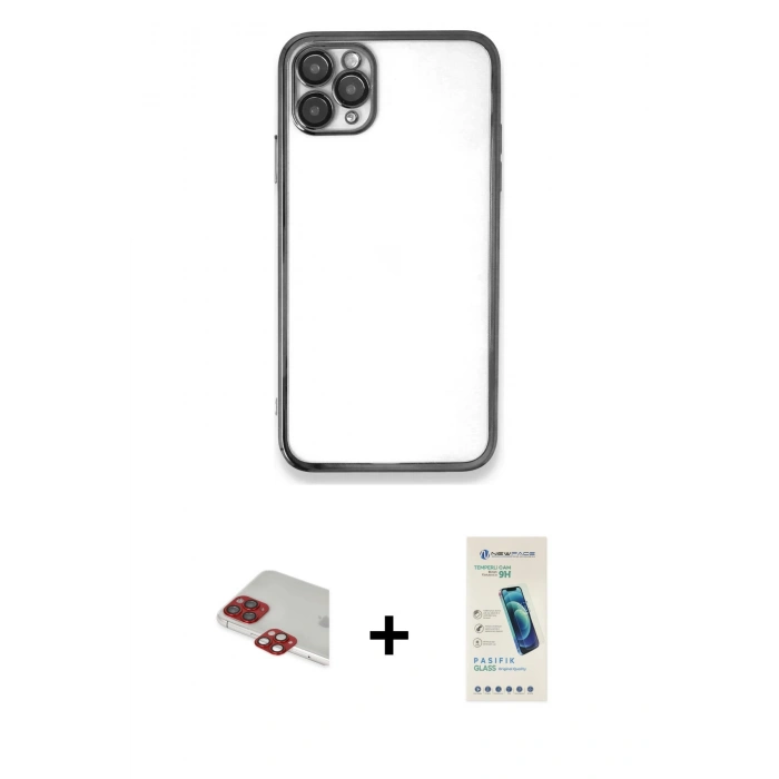 MARSİLYAN™- iPhone 11 Pro Max Kılıf Vadi Minimal - Şeffaf Pasifik Cam Ekran Koruyucu + Pers Alüminyum Kamera Lens - KI