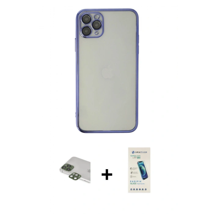 MARSİLYAN™- iPhone 11 Pro Max Kılıf Vadi Minimal - Şeffaf Pasifik Cam Ekran Koruyucu + Pers Alüminyum Kamera Lens - YL
