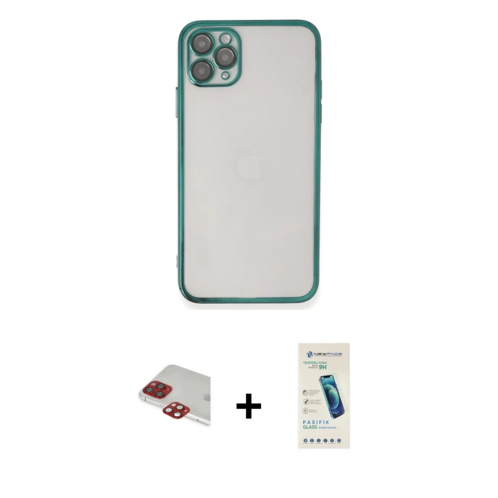 MARSİLYAN™- iPhone 11 Pro Max Kılıf Vadi Minimal - Şeffaf Pasifik Cam Ekran Koruyucu + Pers Alüminyum Kamera Lens - KI