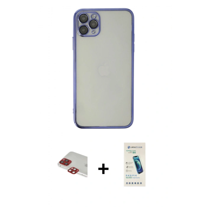 MARSİLYAN™- iPhone 11 Pro Max Kılıf Vadi Minimal - Şeffaf Pasifik Cam Ekran Koruyucu + Pers Alüminyum Kamera Lens - KI