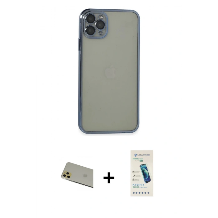 MARSİLYAN™- iPhone 11 Pro Max Kılıf Vadi Minimal - Şeffaf Pasifik Cam Ekran Koruyucu + Rainbow Kamera Lens Koruma Cam - GD