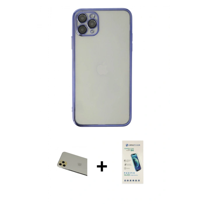 MARSİLYAN™- iPhone 11 Pro Max Kılıf Vadi Minimal - Şeffaf Pasifik Cam Ekran Koruyucu + Rainbow Kamera Lens Koruma Cam - GD
