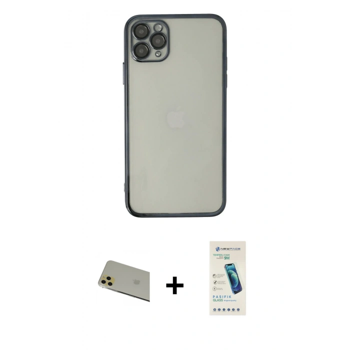 MARSİLYAN™- iPhone 11 Pro Max Kılıf Vadi Minimal - Şeffaf Pasifik Cam Ekran Koruyucu + Rainbow Kamera Lens Koruma Cam - GD