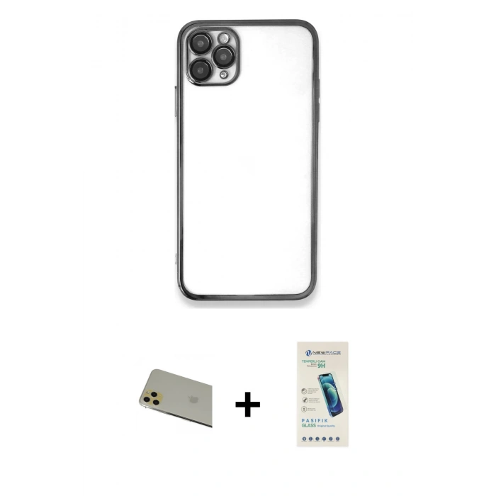 MARSİLYAN™- iPhone 11 Pro Max Kılıf Vadi Minimal - Şeffaf Pasifik Cam Ekran Koruyucu + Rainbow Kamera Lens Koruma Cam - GD