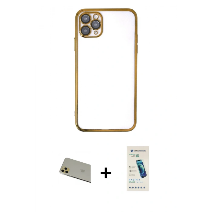 MARSİLYAN™- iPhone 11 Pro Max Kılıf Vadi Minimal - Şeffaf Pasifik Cam Ekran Koruyucu + Rainbow Kamera Lens Koruma Cam - GD