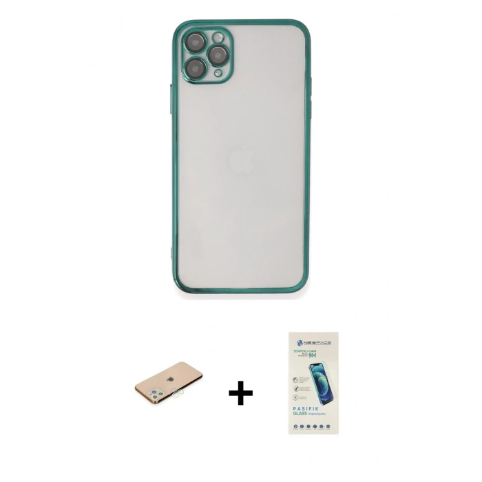 MARSİLYAN™- iPhone 11 Pro Max Kılıf Vadi Minimal - Şeffaf Pasifik Cam Ekran Koruyucu + Renkli Kamera Lens Koruma Cam - YL