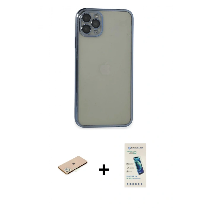 MARSİLYAN™- iPhone 11 Pro Max Kılıf Vadi Minimal - Şeffaf Pasifik Cam Ekran Koruyucu + Renkli Kamera Lens Koruma Cam - YL