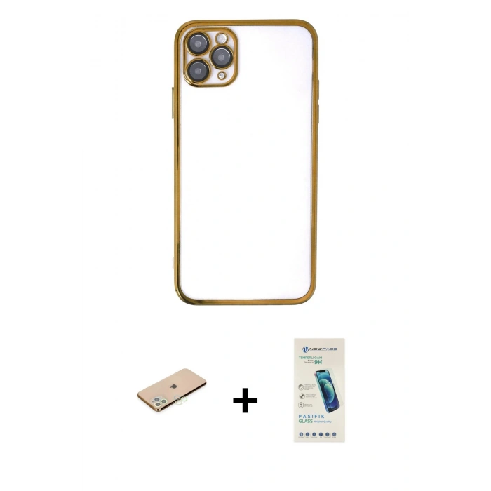 MARSİLYAN™- iPhone 11 Pro Max Kılıf Vadi Minimal - Şeffaf Pasifik Cam Ekran Koruyucu + Renkli Kamera Lens Koruma Cam - YL