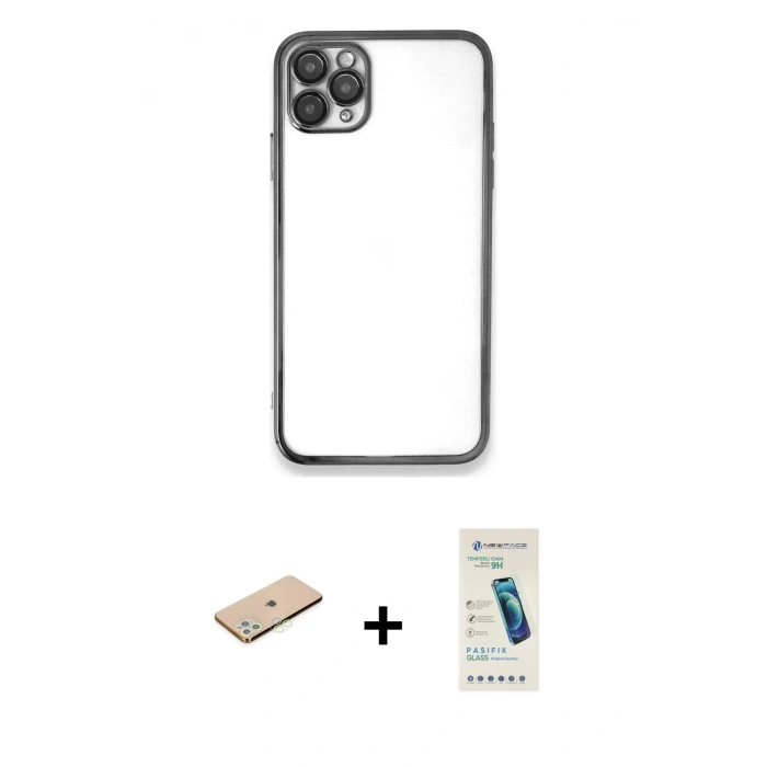 MARSİLYAN™- iPhone 11 Pro Max Kılıf Vadi Minimal - Şeffaf Pasifik Cam Ekran Koruyucu + Renkli Kamera Lens Koruma Cam - YL