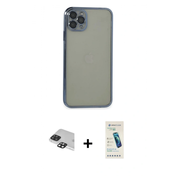 MARSİLYAN™- iPhone 11 Pro Max Kılıf Vadi Minimal - Şeffaf Pasifik Cam Ekran Koruyucu + Siyah Pers Alüminyum Kamera Lens