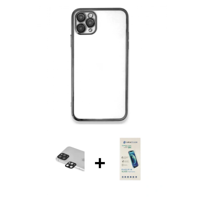 MARSİLYAN™- iPhone 11 Pro Max Kılıf Vadi Minimal - Şeffaf Pasifik Cam Ekran Koruyucu + Siyah Pers Alüminyum Kamera Lens
