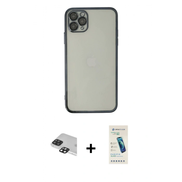 MARSİLYAN™- iPhone 11 Pro Max Kılıf Vadi Minimal - Şeffaf Pasifik Cam Ekran Koruyucu + Siyah Pers Alüminyum Kamera Lens
