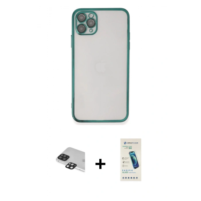 MARSİLYAN™- iPhone 11 Pro Max Kılıf Vadi Minimal - Şeffaf Pasifik Cam Ekran Koruyucu + Siyah Pers Alüminyum Kamera Lens