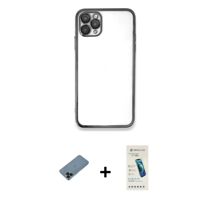MARSİLYAN™- iPhone 11 Pro Max Kılıf Vadi Minimal - Şeffaf Pasifik Cam Ekran Koruyucu + Siyah Shine Kamera Lens Koruma Cam