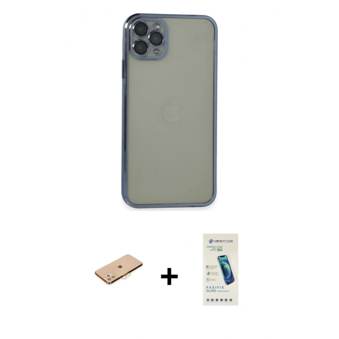 MARSİLYAN™- iPhone 11 Pro Max Kılıf Vadi Minimal - Şeffaf Pasifik Cam Ekran Koruyucu + Renkli Kamera Lens Koruma Cam - TU