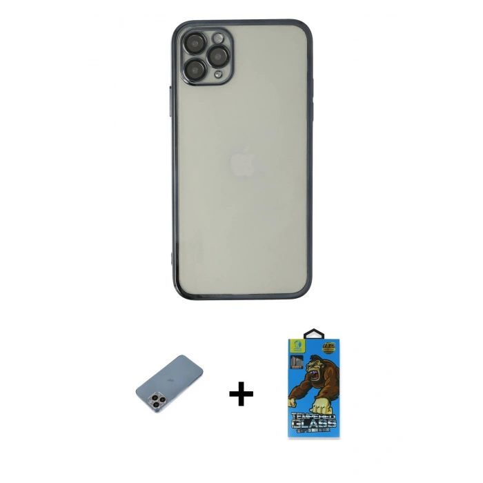 MARSİLYAN™- iPhone 11 Pro Max Kılıf Vadi Minimal - Siyah 18D Cam Ekran Koruyucu + Shine Kamera Lens Koruma Cam - GI