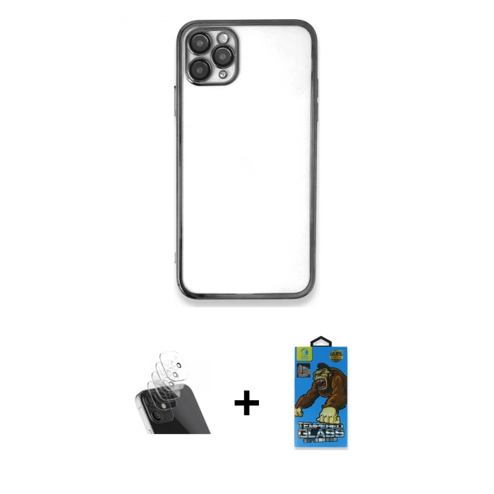 MARSİLYAN™- iPhone 11 Pro Max Kılıf Vadi Minimal - Siyah 18D Cam Ekran Koruyucu + Kamera Lens Koruma Cam - SF
