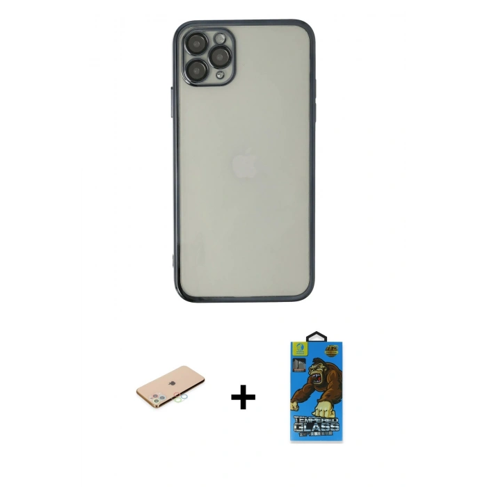 MARSİLYAN™- iPhone 11 Pro Max Kılıf Vadi Minimal - Siyah 18D Cam Ekran Koruyucu + Renkli Kamera Lens Koruma Cam - MI