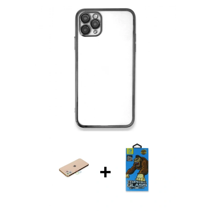MARSİLYAN™- iPhone 11 Pro Max Kılıf Vadi Minimal - Siyah 18D Cam Ekran Koruyucu + Renkli Kamera Lens Koruma Cam - MI