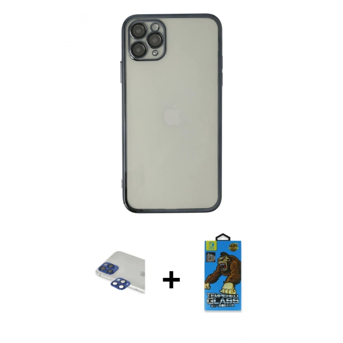 MARSİLYAN™- iPhone 11 Pro Max Kılıf Vadi Minimal - Siyah 18D Cam Ekran Koruyucu + Pers Alüminyum Kamera Lens - LT