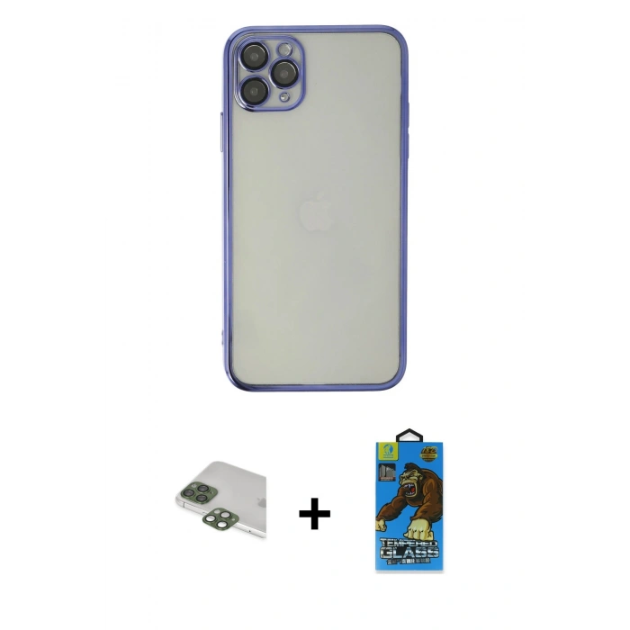 MARSİLYAN™- iPhone 11 Pro Max Kılıf Vadi Minimal - Siyah 18D Cam Ekran Koruyucu + Pers Alüminyum Kamera Lens - YL