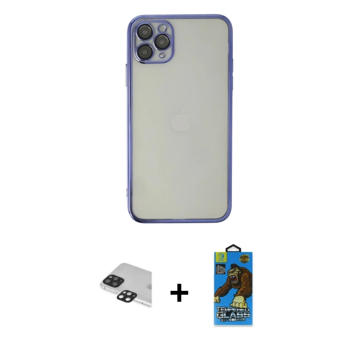MARSİLYAN™- iPhone 11 Pro Max Kılıf Vadi Minimal - Siyah 18D Cam Ekran Koruyucu + Pers Alüminyum Kamera Lens - SH